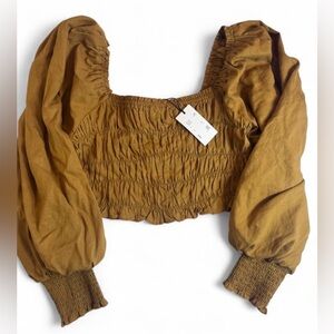 Tan Smocked Blouse with Puff Sleeves